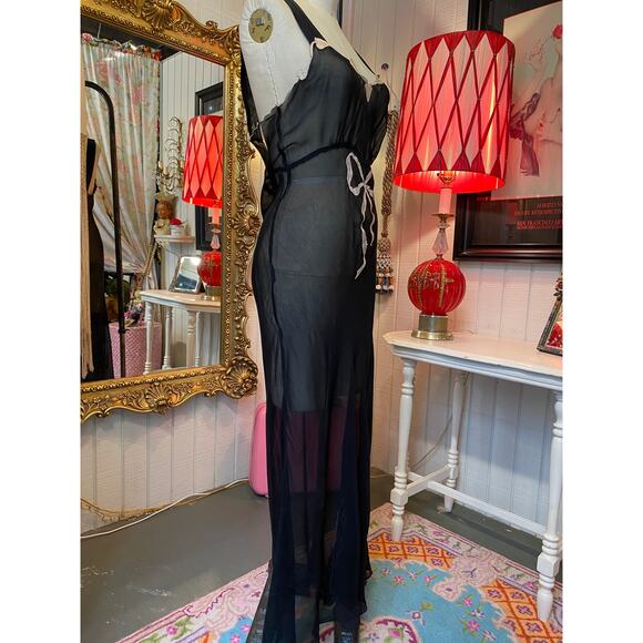 vintage 1930s sheer black bias cut nightgown hearts and bow m/l boudior pin up - Picture 6 of 11